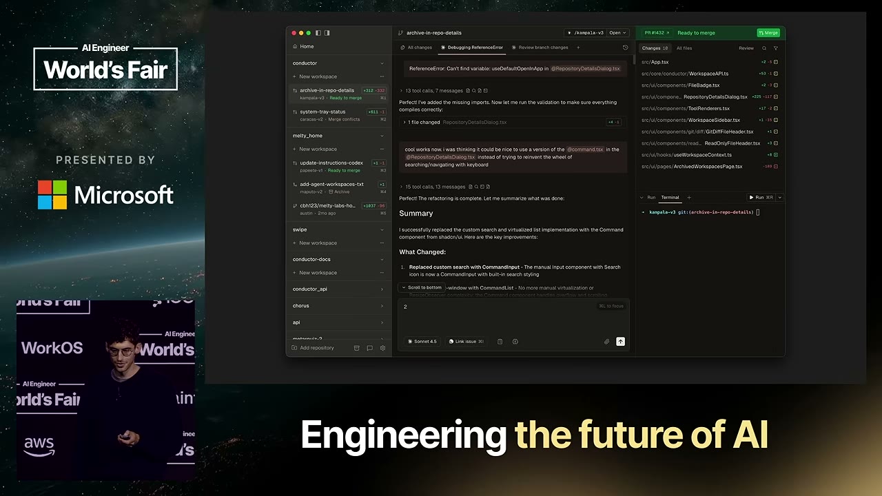 Общий интерфейс Conductor: рабочие области, диалог с агентом и список изменённых файлов.